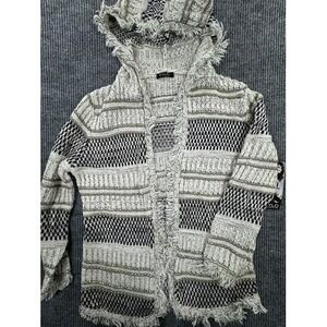 Fylo Sweater Womens Small Natural Mix Stripe Hooded Boho Fringed Cardigan Jacket
